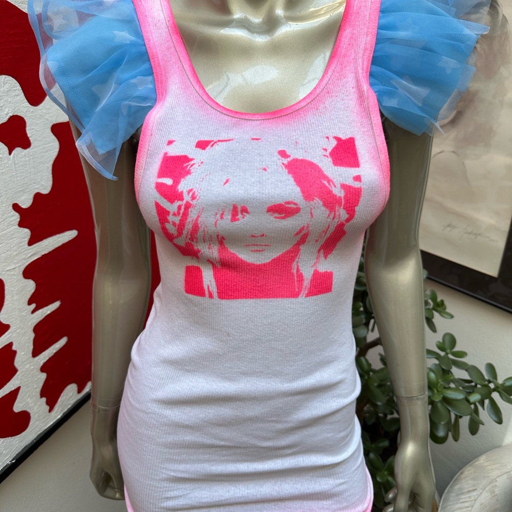 ⚡️BLONDIE 80s singer distressed rocking ruffle shoulder graffiti soft tank top L